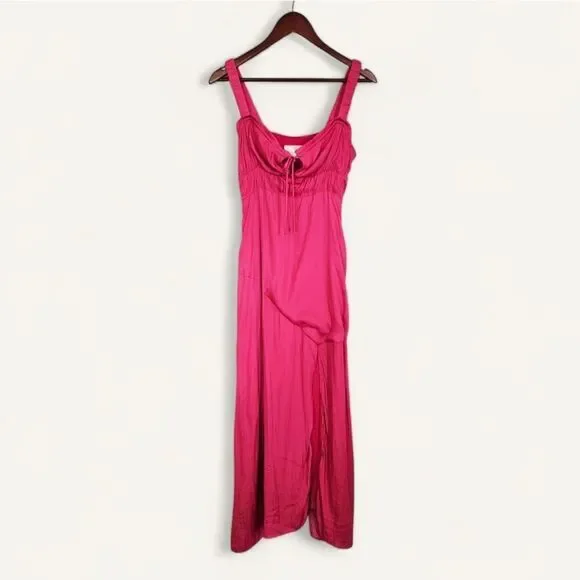 Line & Dot Brooke Bias Cut Ruched Tie Bust Sateen Midi Dress in Hot Pink S - Picture 5 of 16